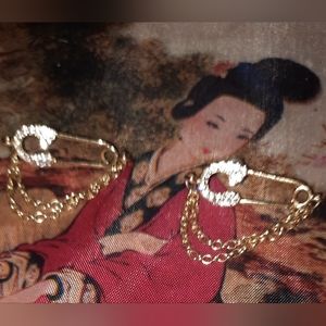 Safety Pin Earrings pave rhinestone goldtone